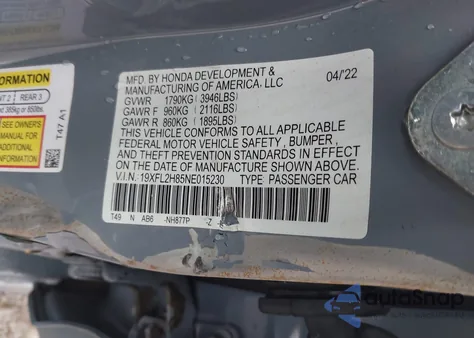 2022 Honda Civic Sport из США, поврежденный, VIN 19XFL2H85NE015230